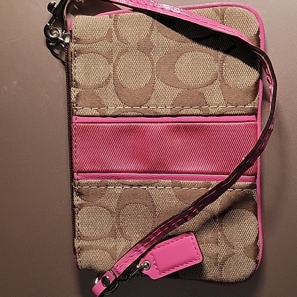 Coach Handbags - Coach Signature Pink and Tan Canvas Wristlet Clean No Tears